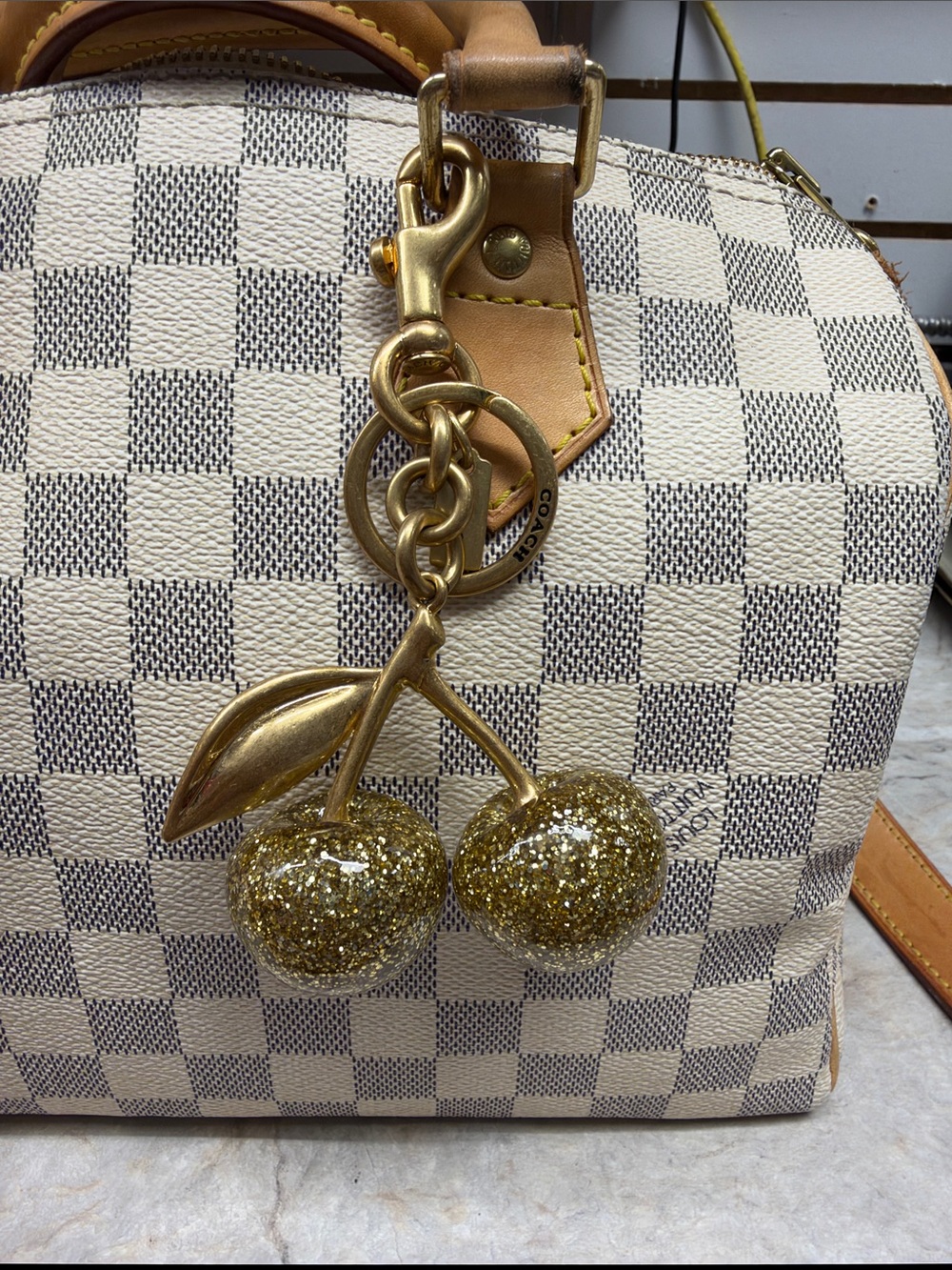 Authentic Coach Gold Glitter Resin Cherry Bag Charm / Keychain (Style 77840)